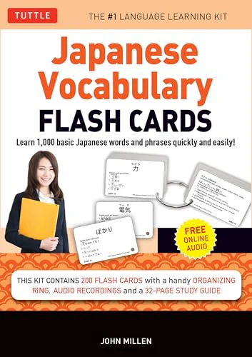 Japanese Vocabulary Flash Cards Kit : Learn 1000 basic Japanese words and phrases quickly and easily! (Boxed Set of 200 Double-Sided Flash Cards with Study Guide & Organizer Ring)