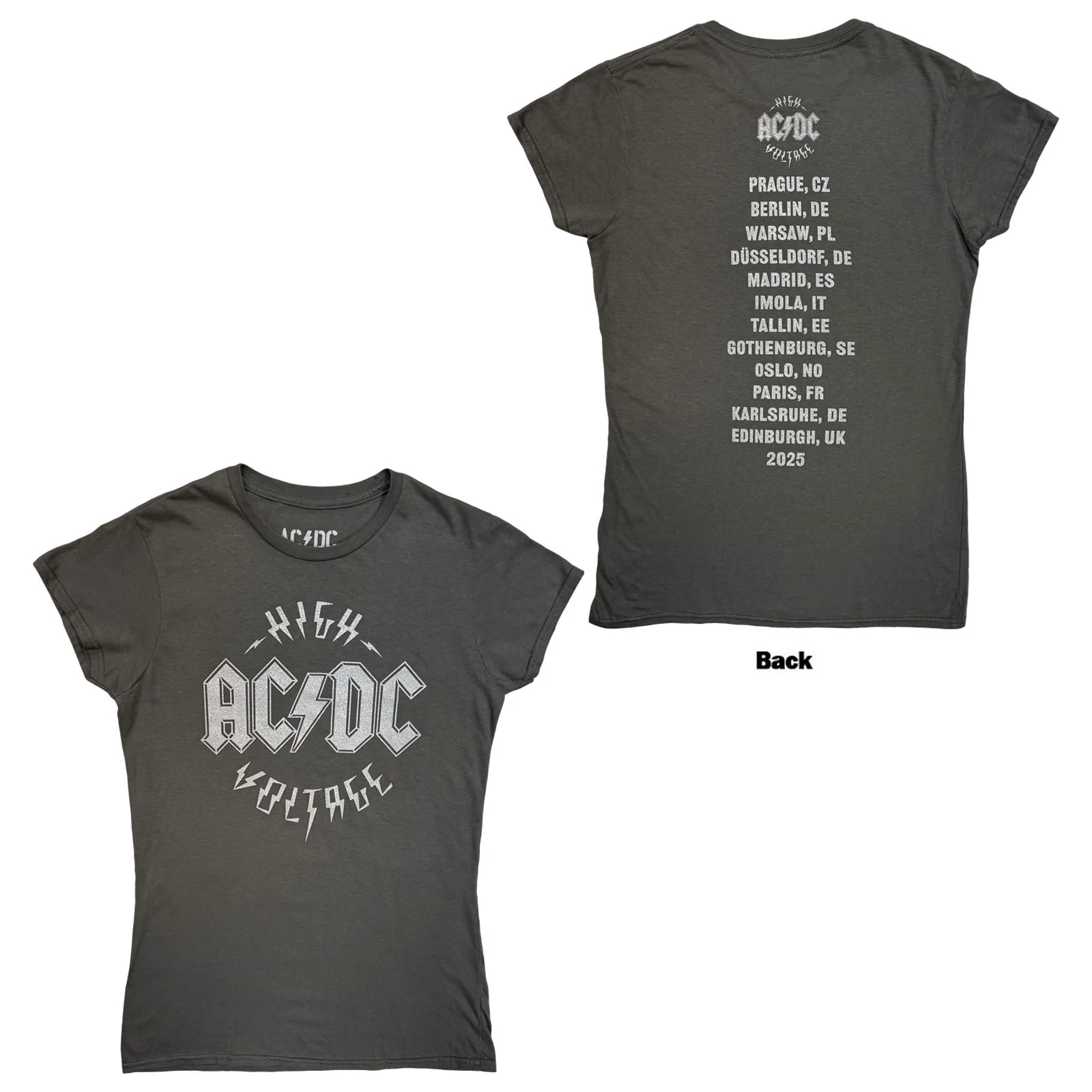 AC/DC Ladies T-Shirt: Silver High Voltage EU Tour '25