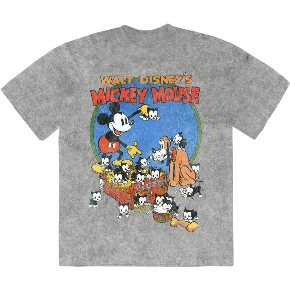 Disney Unisex Stone Wash T-Shirt: Mickey Cat Basket