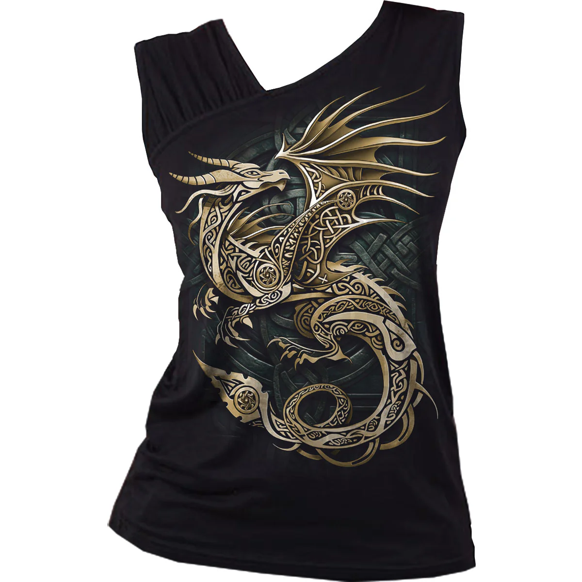 Spiral Ladies Gathered Shoulder Slant Vest T-Shirt: Celtic Dragon