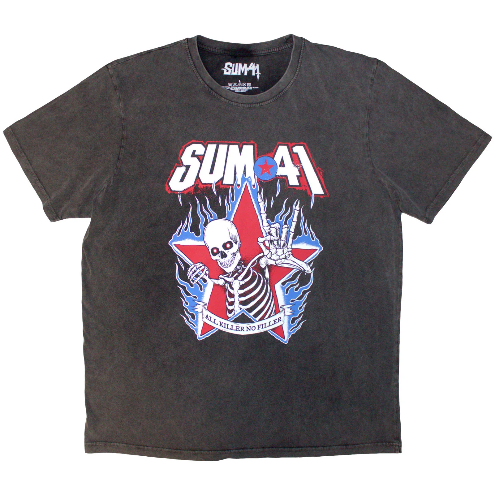 Sum 41 Unisex Stone Wash T-Shirt: All Killer No Filler Skeleton